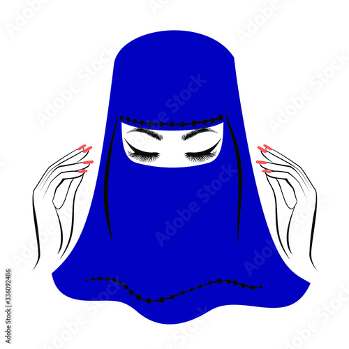 Beautiful Muslim Woman with lush eyelashes in niqab, beautiful hands, flowers background. Vector illustration.