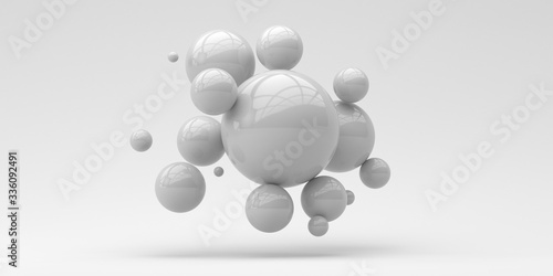 Flying spheres on a white background. 3d rendering. Illustration for advertising.