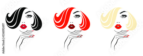 Beautiful woman, red lips, hand with red manicure nails, fashion woman, nails studio, red hairstyle, hair salon sign, icon. Beauty Logo. Vector illustration. Hand drawing.