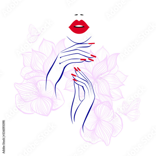Red lips  hand with red manicure nails. Beauty Logo  nails art. Vector illustration  diadem flowers  butterflies  floral motive  abstract flowers  spa salon  sign  symbol  nails studio.