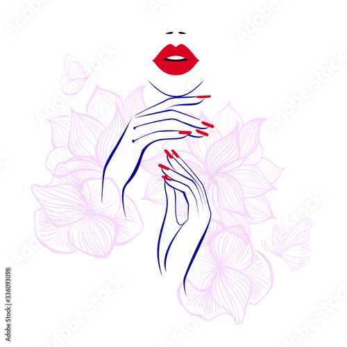 Red lips, hand with red manicure nails. Beauty Logo, nails art. Vector illustration, diadem flowers, butterflies, floral motive, abstract flowers, spa salon, sign, symbol, nails studio.