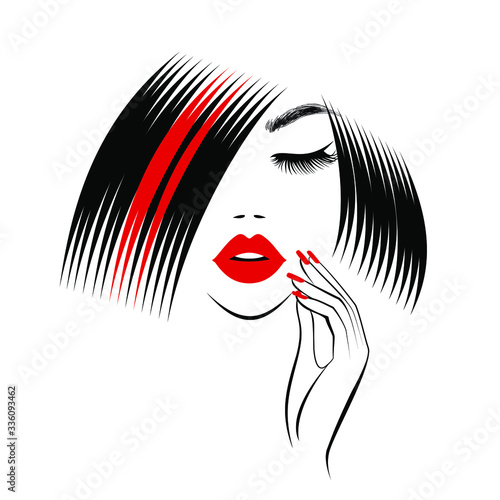 Fashion woman, beautiful face, red lips, black hairstyle with red strands of hair, red manicure, nail art. Beauty logo, hairdresser salon sign. Vector illustration.