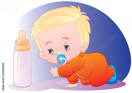 baby crawls on the floor and reaches with his hand to the milk bottle, vector illustration,