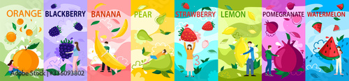 Tiny people with fruits vector illustration. Cartoon girl boy character holding healthy juice food, orange, blackberry, banana. Strawberry, watermelon, fruity summer advertising poster vertical set