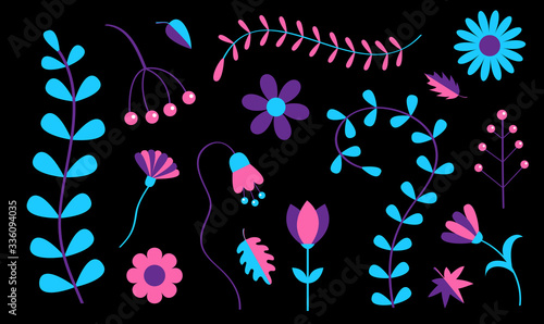 Flower set. Daisy chamomile, bluebell, bell, grass, fern. Cute garden growing plant. Camomile icon. Purple, violet, pink, blue ultraviolet neon glowing color. Flat design. Black background.