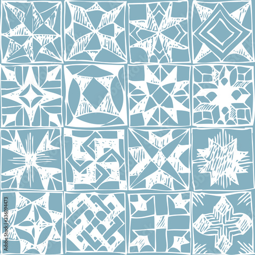 Crazy quilt seamless background in blue colors.