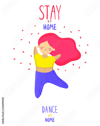 Self isolation cartoon cute concept. Stay at home. Dance at home.Isolated cute cartoon girl dance at home on quarantine  during Covid-19. All stay at home. Self-isolate from a pandemic. Stock vector