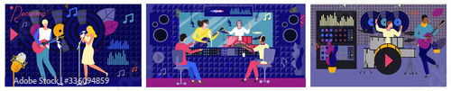 People record studio music vector illustration. Cartoon flat woman man singer characters singing, adult musician playing guitar drums, recording, listening audio sound in control room landing page set
