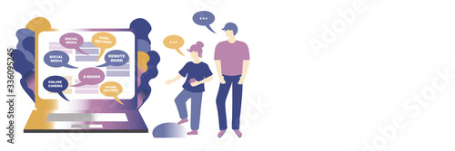 Concept of life online banner. You can get everything staying at home online.  Laptop and people who choose service