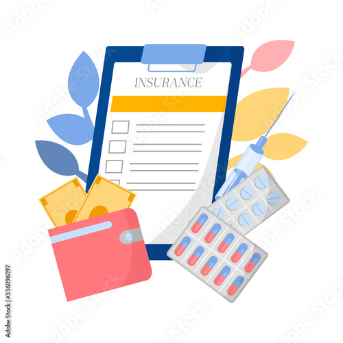 vector health insurance medical policy document paper cost money wallet pills medicine illustration