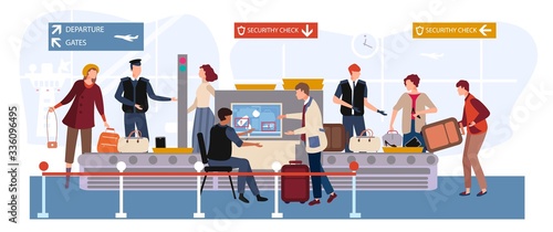 People in airport vector illustration. Cartoon flat man woman travel characters with baggage passing through scanner and security checkpoint, passengers airline in airport terminal waiting flight