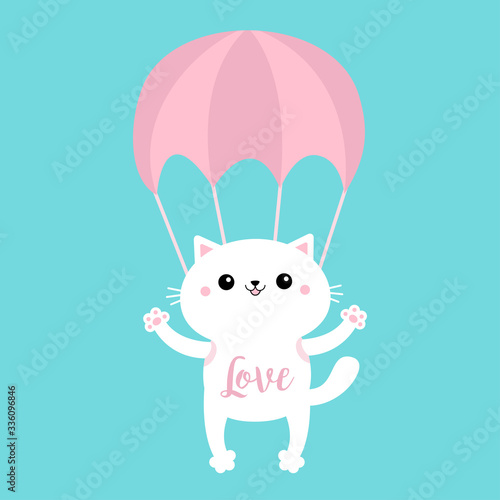 White cat skydriver. Flying with parachute. Cute cartoon kawaii funny character. Love Parachuting skydiving sport. Pet baby print collection. Happy Valentines Day. Flat design. Blue background.
