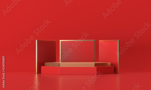 3D rendering of the red geometric booth background.