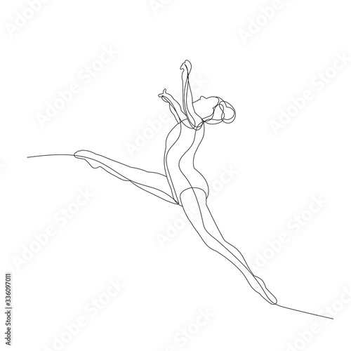 vector, isolated, drawing, one line girl gymnast jumping