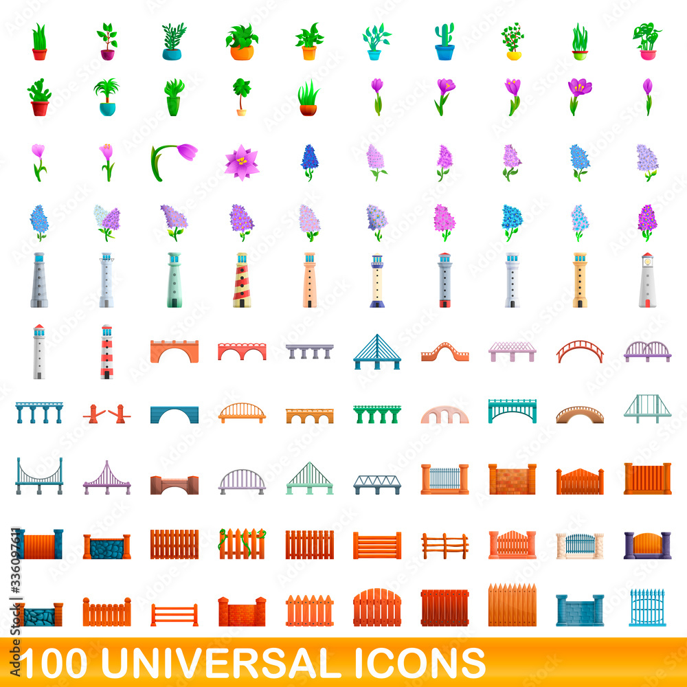 100 universal icons set. Cartoon illustration of 100 universal icons vector set isolated on white background 100 universal icons set. Cartoon illustration of 100 universal icons vector set isolated on white background