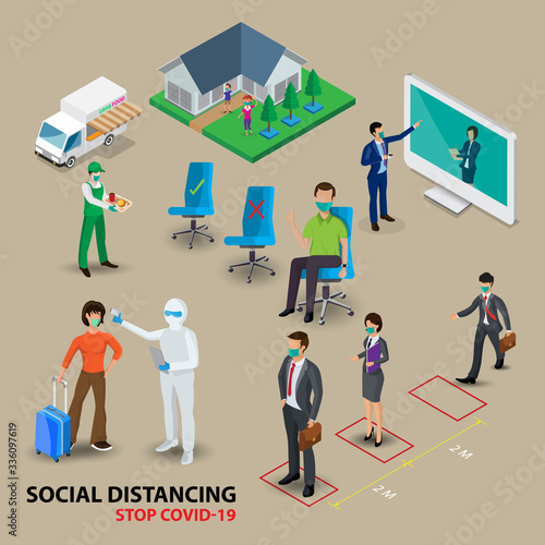 Isometric social distancing concept for preventing coronavirus covid-19 with people keeping a circular distance boundary ,vector illustration.