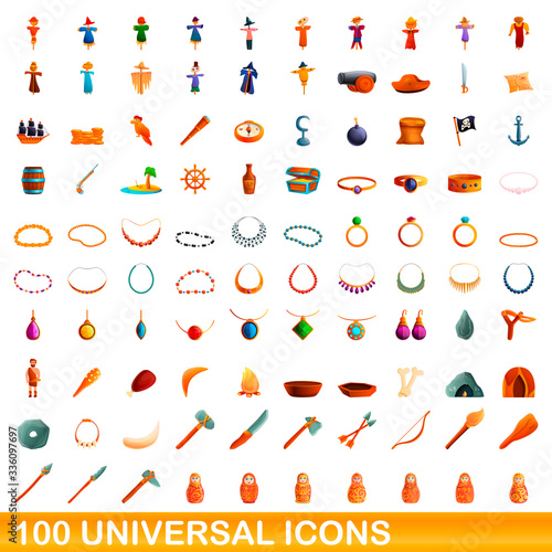 100 universal icons set. Cartoon illustration of 100 universal icons vector set isolated on white background