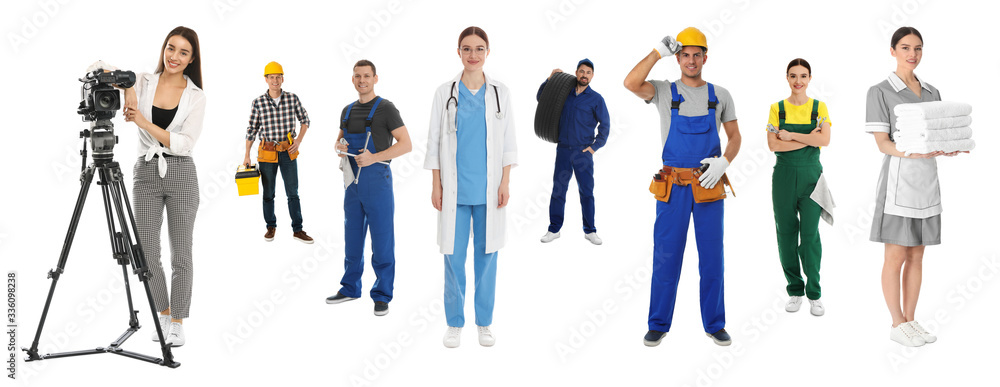 Collage with people of different professions on white background. Banner design Collage with people of different professions on white background. Banner design