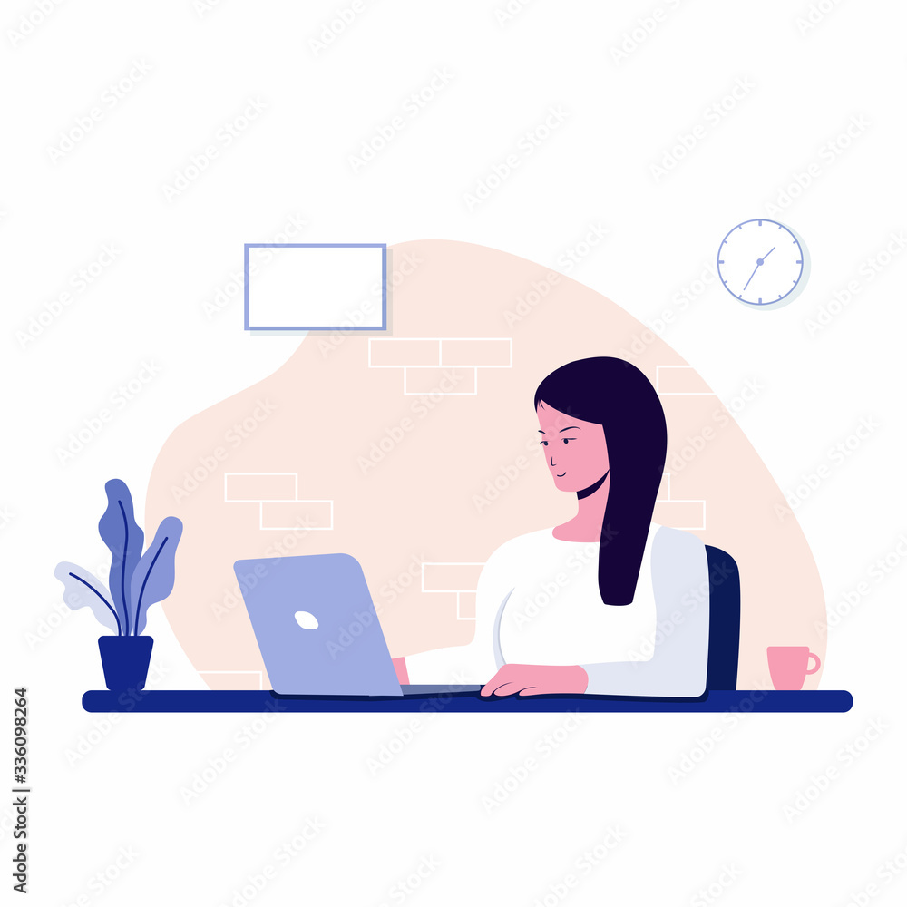 Woman sitting on the chair working on the laptop. freelancer home workplace. vector flat illustration. Woman sitting on the chair working on the laptop. freelancer home workplace. vector flat illustration.