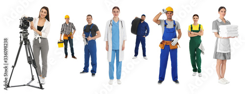 Collage with people of different professions on white background. Banner design