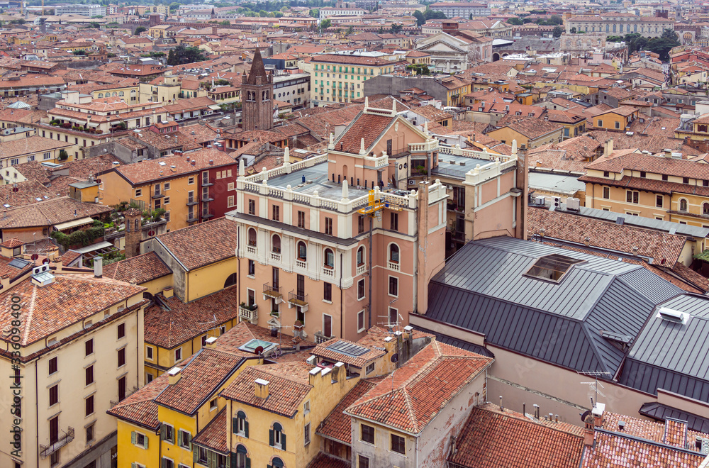 Old  town of Verona. View from the bell tower Torre Dei Lamberti in Verona, Italy