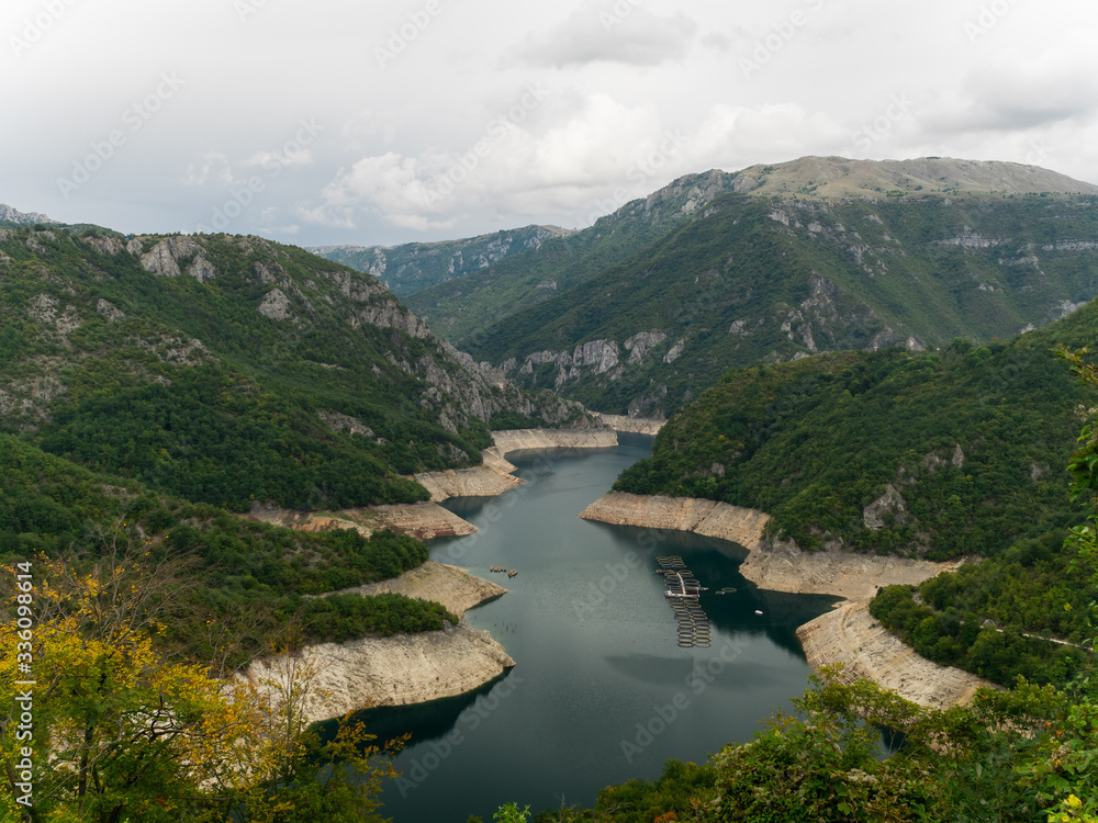 The view of Piva lake  in Montenegro. autumn 2019