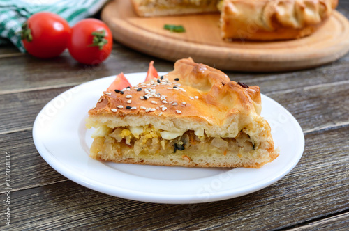 Cabbage pie. Piece of tasty freshly baked homemade vegetable pie with cabbage, spinach, eggs and sesame seeds