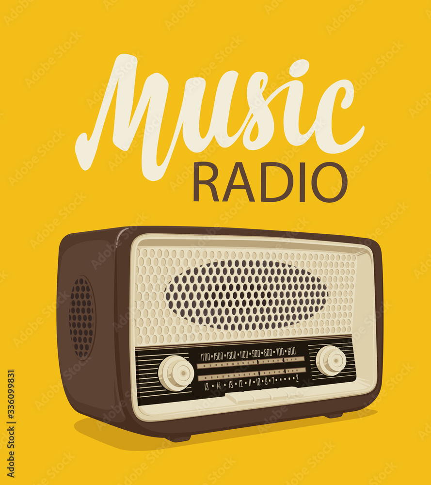 Vector poster for radio station with an old radio receiver and inscription  Music radio on the yellow background. Radio broadcasting banner. Suitable  for advertising, banner, poster, flyer vector de Stock | Adobe