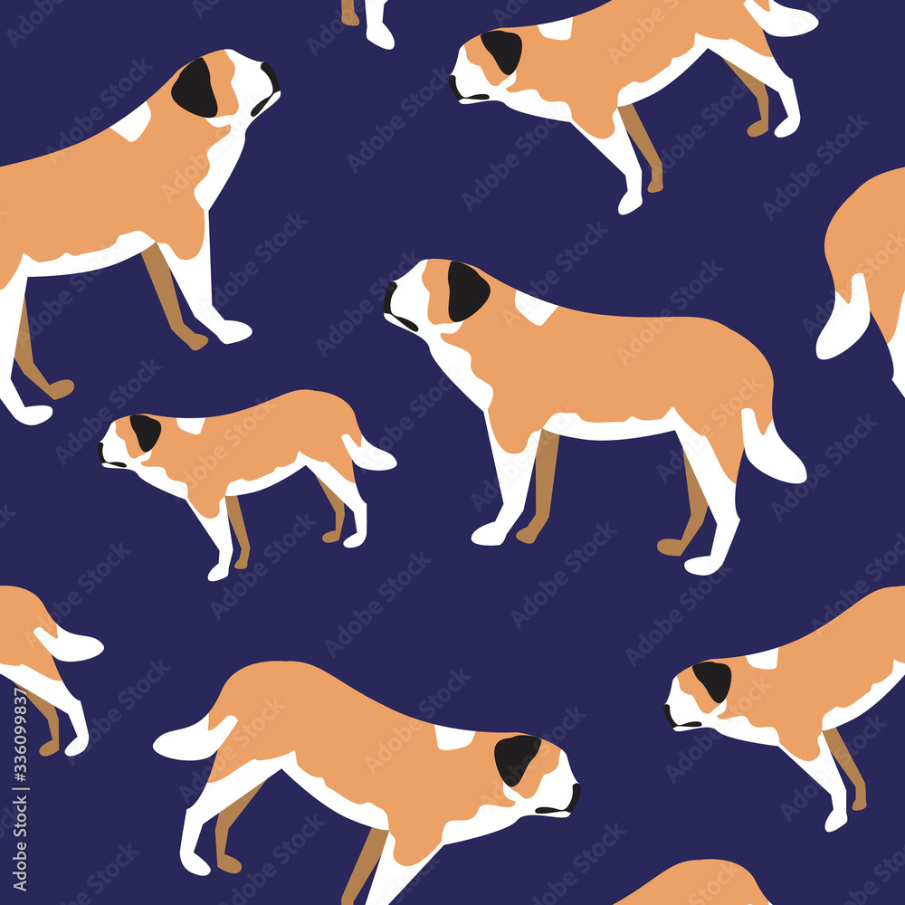 Seamless pattern with serbernar blue background as wallpaper or backdrop, flat vector stock illustration with cute character pet or dog for printing on fabric or textile