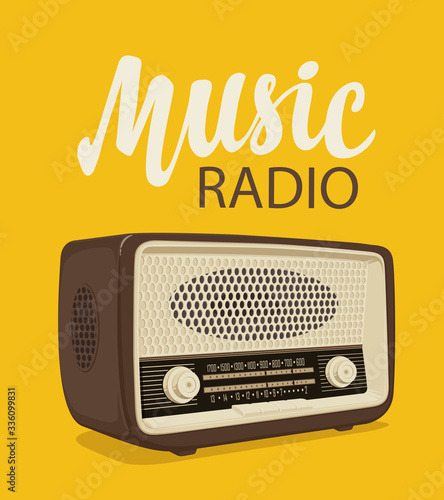Vector poster for radio station with an old radio receiver and inscription Music  radio on the yellow background. Radio broadcasting banner. Suitable for  advertising, banner, poster, flyer vector de Stock | Adobe