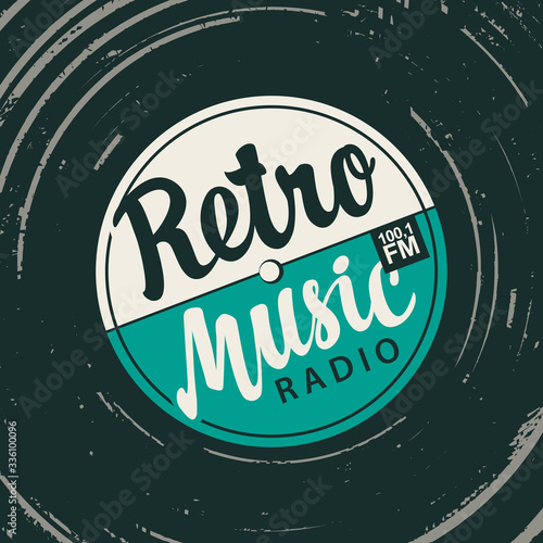 Vector music banner or poster in vintage style with an old vinyl record and calligraphic inscription Retro Music radio FM.