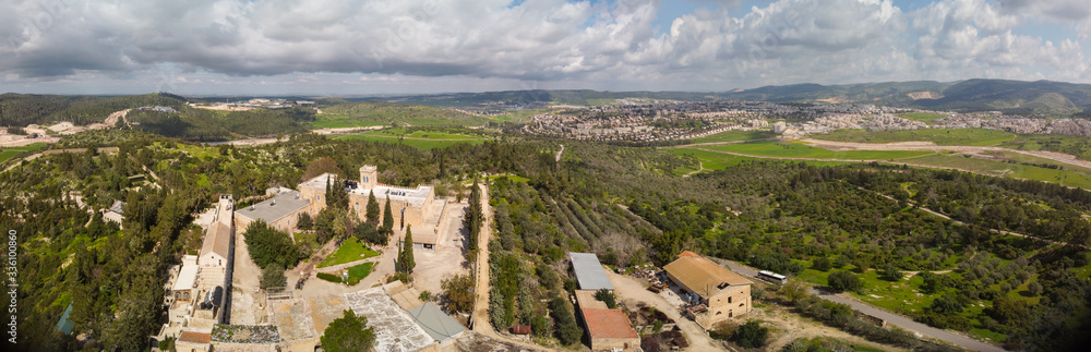 Wide panorama of monastery Beit Jamal from the sky