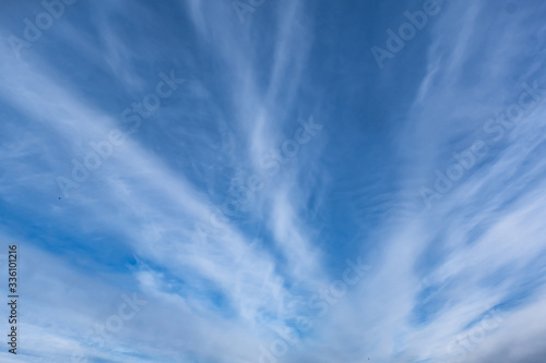 Blue sky background with tiny stratus cirrus striped clouds. Clearing day and Good windy weather 