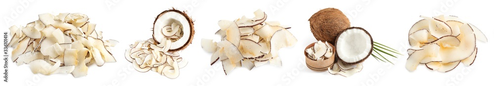 Set of tasty coconut chips and nuts isolated on white. Banner design Set of tasty coconut chips and nuts isolated on white. Banner design