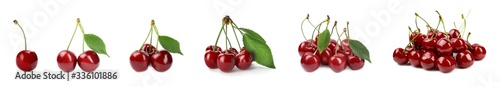Set of ripe cherries on white background. Banner design