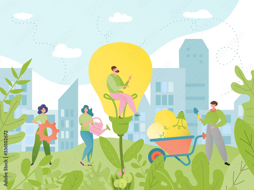 Idea generation business concept vector illustration. People cartoon characters ideally generate creative solutions. Garden with light bulb. Man, woman with scoop and watering can. Brainstorming team.