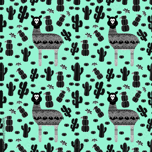 Composite illustration vector of a pattern with an image of a llama and a cactus. Children's black and white picture print. seamless.