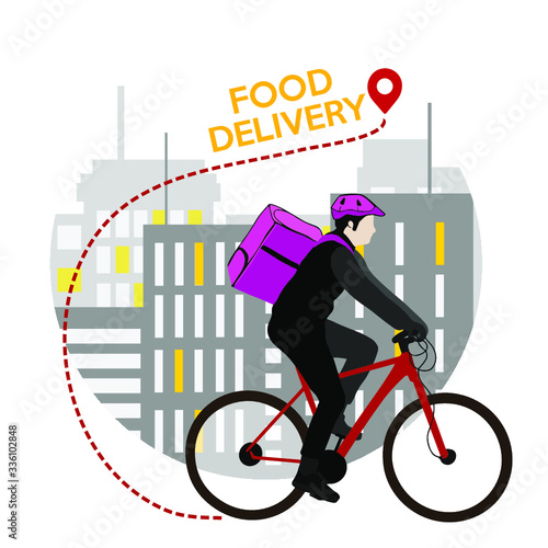 Delivery food service vector illustration. Delivery boy riding the bike. Fast food design for mobile apps,  flyers, social media posts, web pages and posters. photo