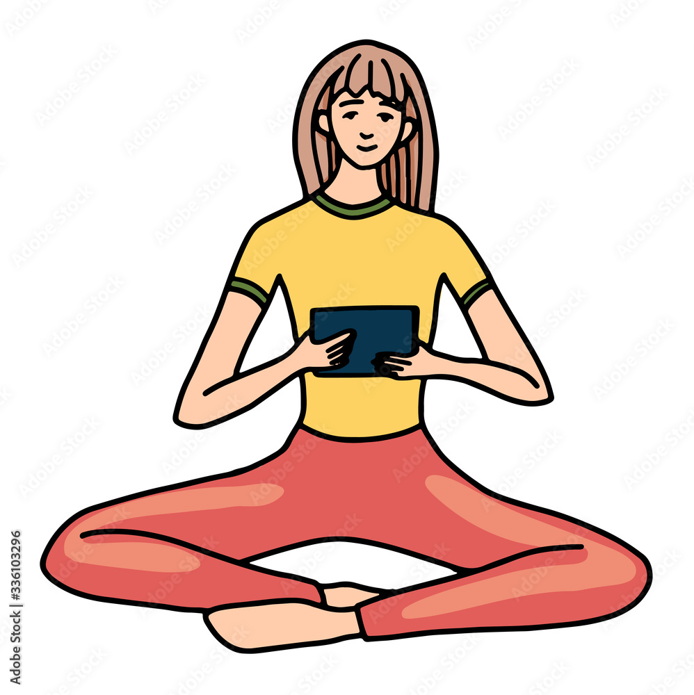 Hand drawn vector illustration. The young girl sits in a lotus position and looks in the gadget. Calm and comfort concept. Colored cartoon graphic drawing isolated on white. Doodles, flat simple style