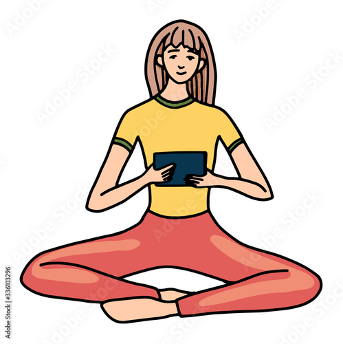 Hand drawn vector illustration. The young girl sits in a lotus position and looks in the gadget. Calm and comfort concept. Colored cartoon graphic drawing isolated on white. Doodles, flat simple style © Olga Sayuk