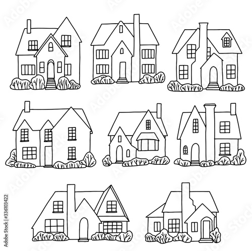 Set of various lovely country houses. Collection of hand drawn vector illustration in minimalistic flat style. Contour drawings isolated on white. For design, cards, print, coloring, posters, sticker.