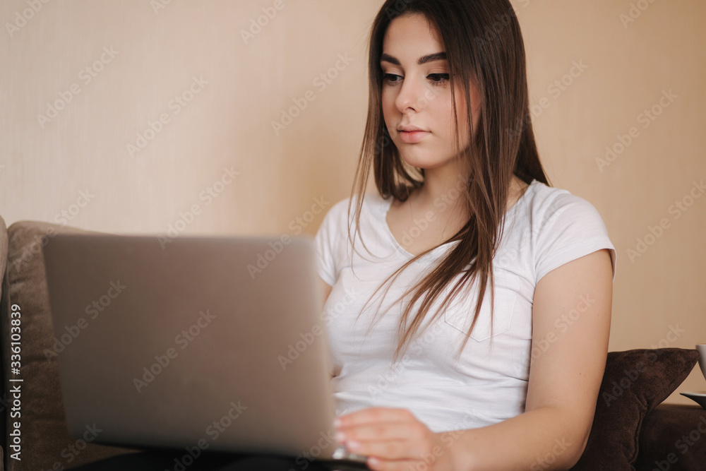 Young woman work at home in quarantine. Woman use laptop on sofa. Woman study distance learning Young woman work at home in quarantine. Woman use laptop on sofa. Woman study distance learning