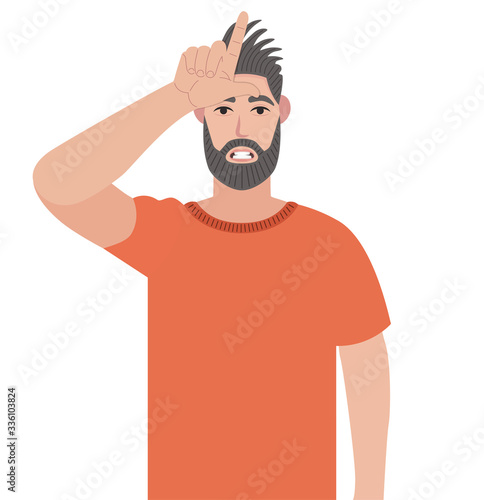 Bearded man showing loser sign on forehead with fingers. Stressed hipster gesturing hand over head. Male making 'L' symbol. Vector illustration in cartoon style.