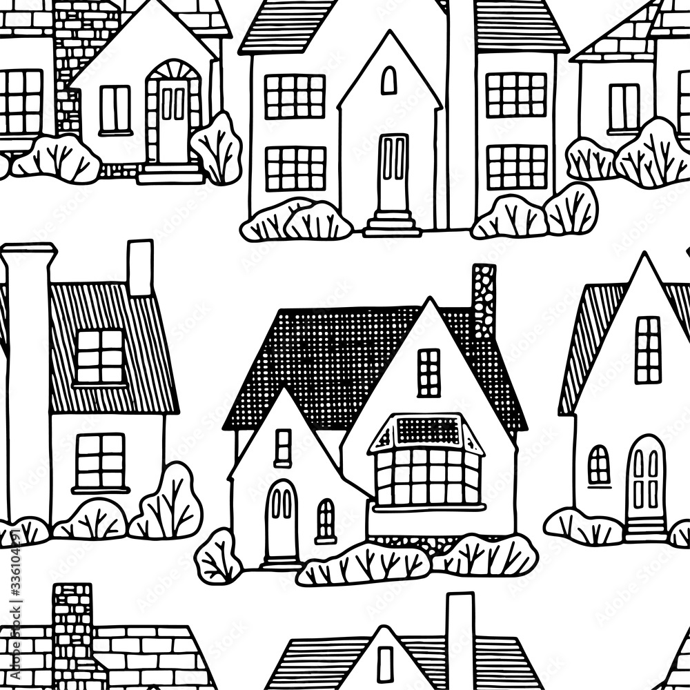 Hand drawn vector seamless pattern. Flat lovely houses. Cozy home, homestead, cottage, villa. Black contour drawing. Monochrome background for design, coloring, wallpaper, textile, fabric, print, wrap