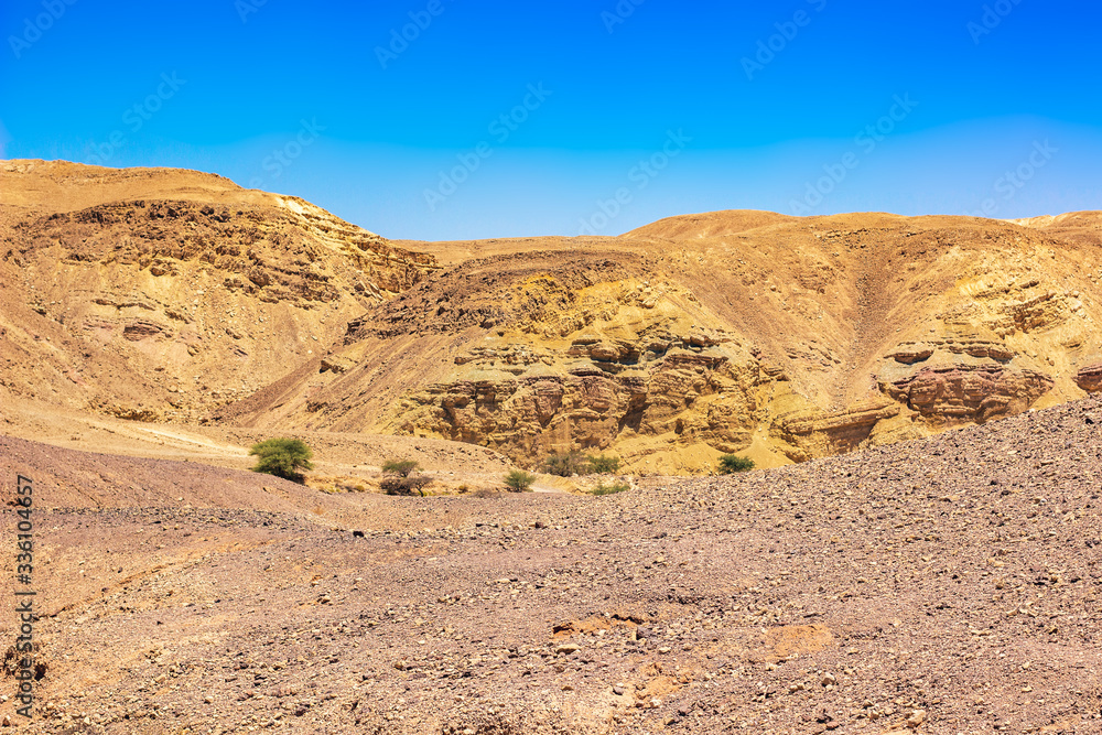 rocky desert landscape waste land dry warming scenic view ground and sand stone mountain ridge background