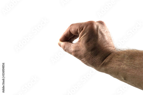 A hand of a man that will pick something up on white background copyspace