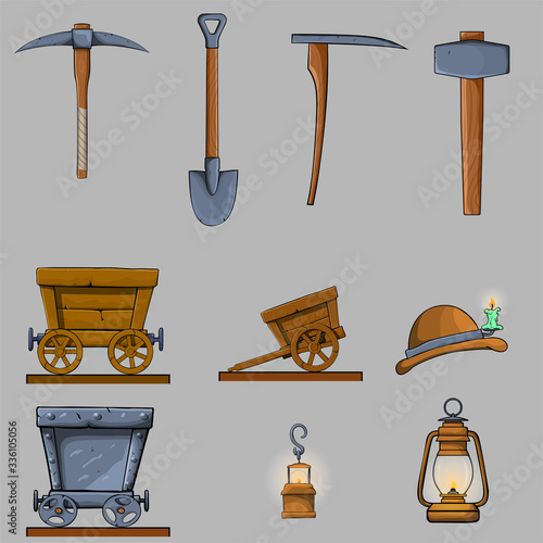 Mining items game cartoon icons set