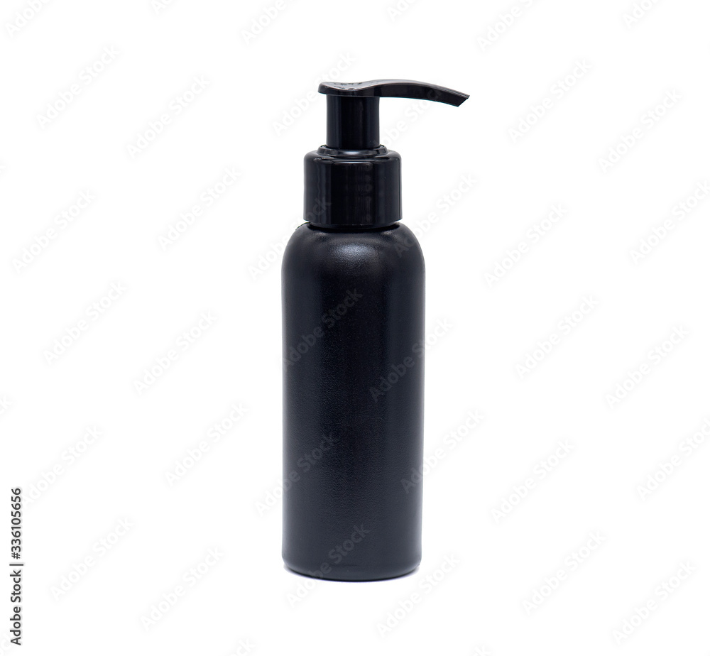 Black plastic bottle, container for foam or cream isolated on white background Black plastic bottle, container for foam or cream isolated on white background