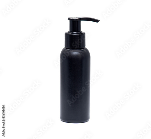 Black plastic bottle, container for foam or cream isolated on white background
