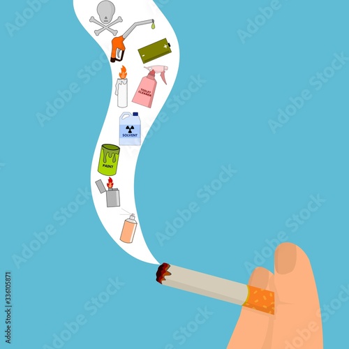 fingers holding cigarette with cigarette compound on the smoke. Danger of smoking